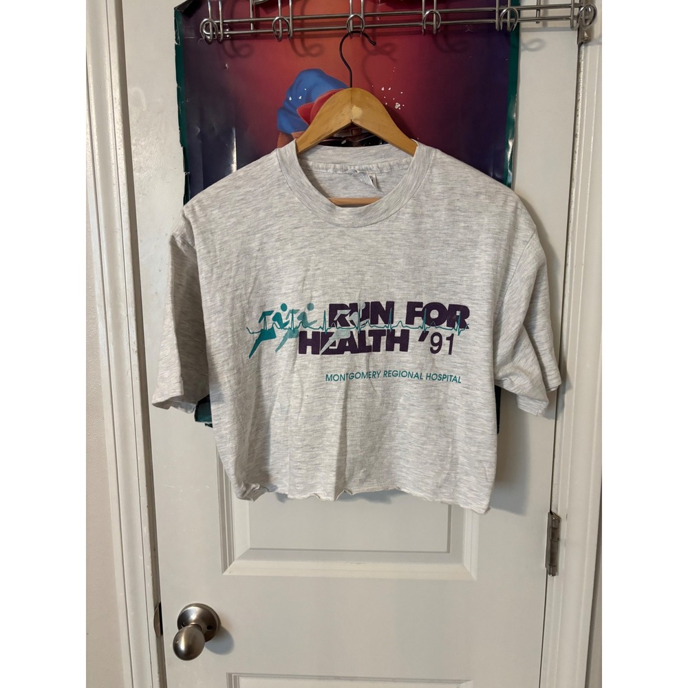 Vintage 1991 Hanes Beefy-T Run For Health Cropped Graphic T-Shirt Heather Grey L